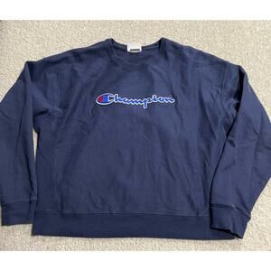 VTG Champion XL Reverse Weave Embroidered Large Spell Out Logo Sweatshirt Blue